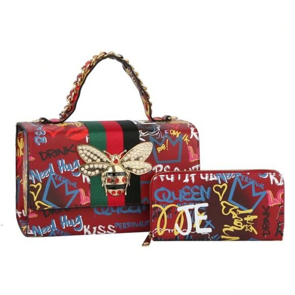 Large Bold Graffiti Print Handbag & Wallet Set With Bee Detail - Picture 5 of 5